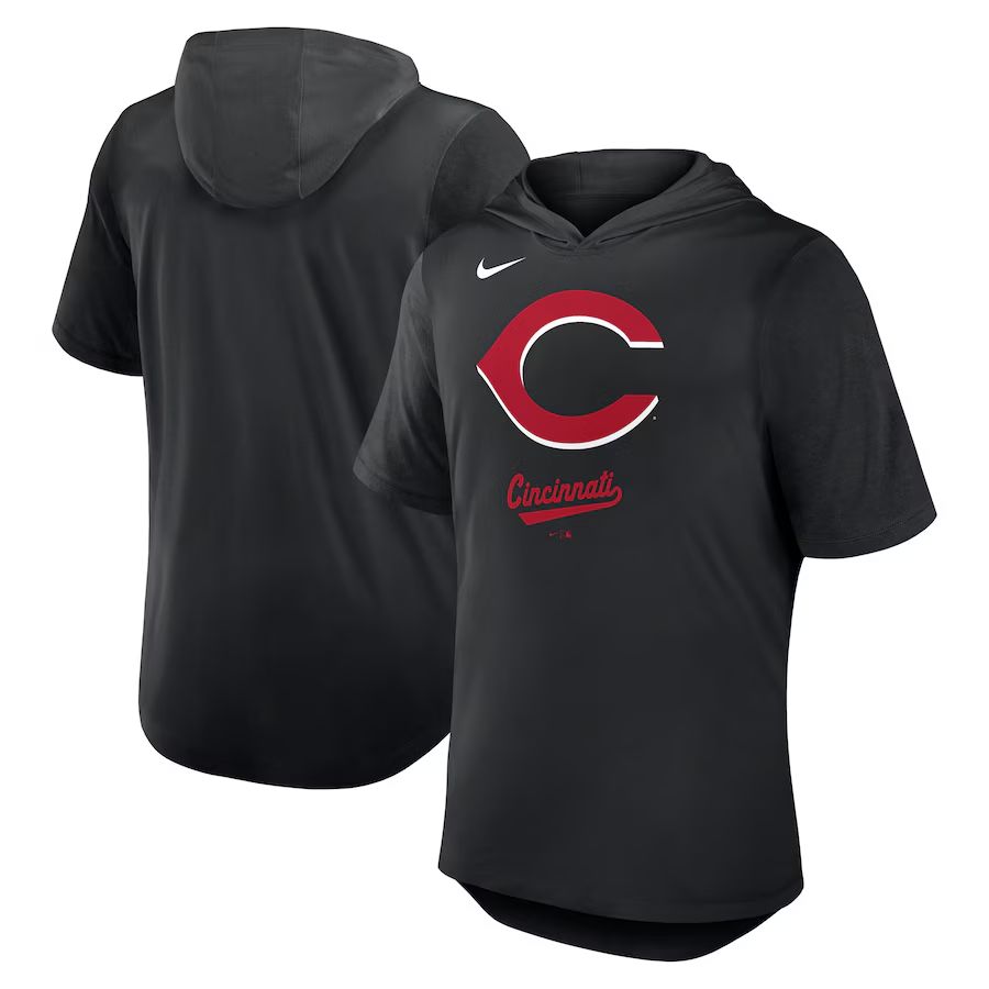 Men 2025 MLB Cincinnati Reds Black Hooded T-shirt->mlb t-shirts->Sports Accessory